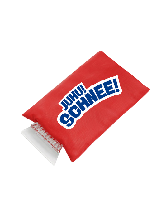 Eiskratzer mit rotem handschuh und blauer Schrift auf weißem Grund: JUHU! SCHNEE!