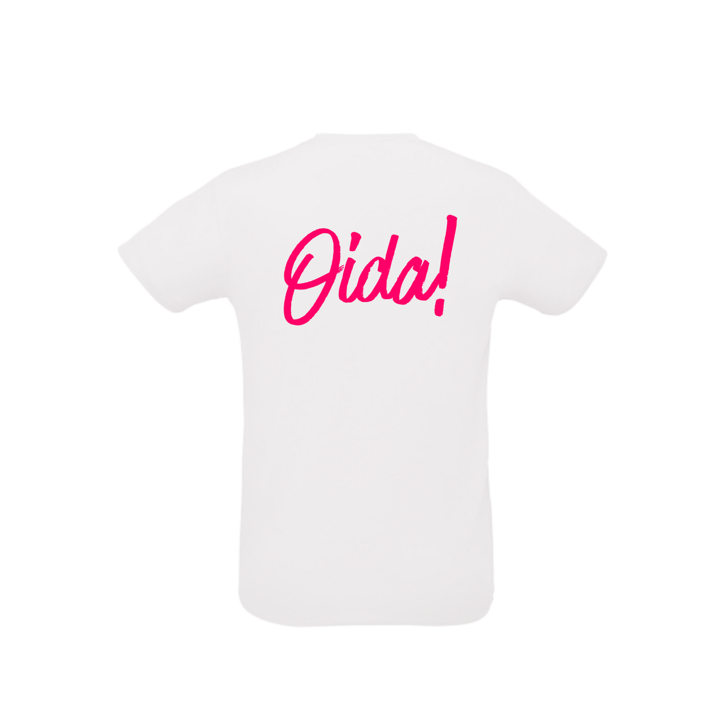 weißes Sportleiberl kurzärmelig mit pinker Schreibschrift "Oida!" am Rücken