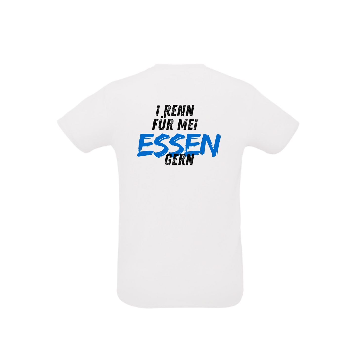 weißes Sportleiberl kurzärmelig mit schwarzer Schrift "I renn für mei ESSEN (in blau) gern" am Rücken