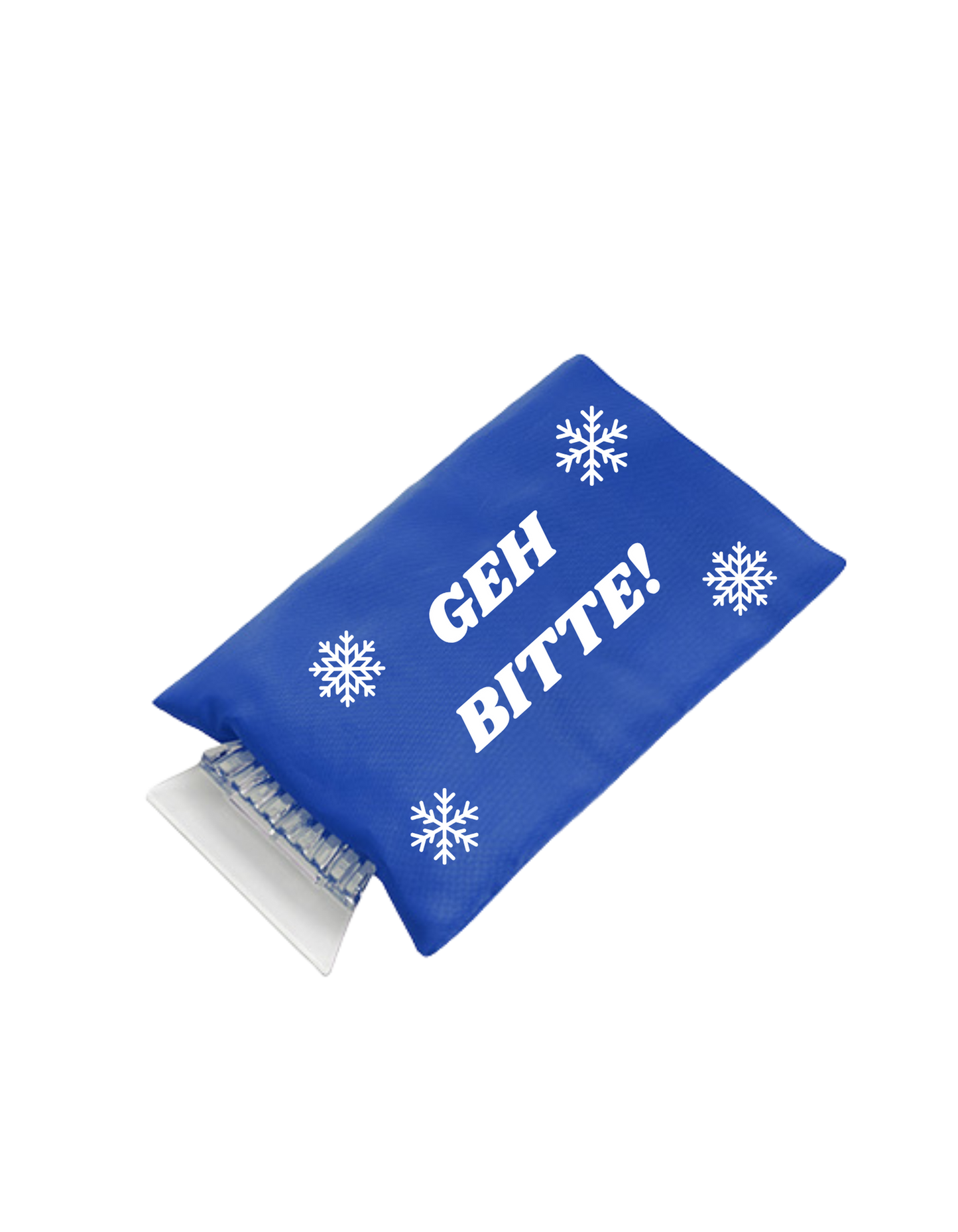 Eiskratzer mit blauem handschuh mit weißen Schneeflocken und weißer Schrift: GEH BITTE!