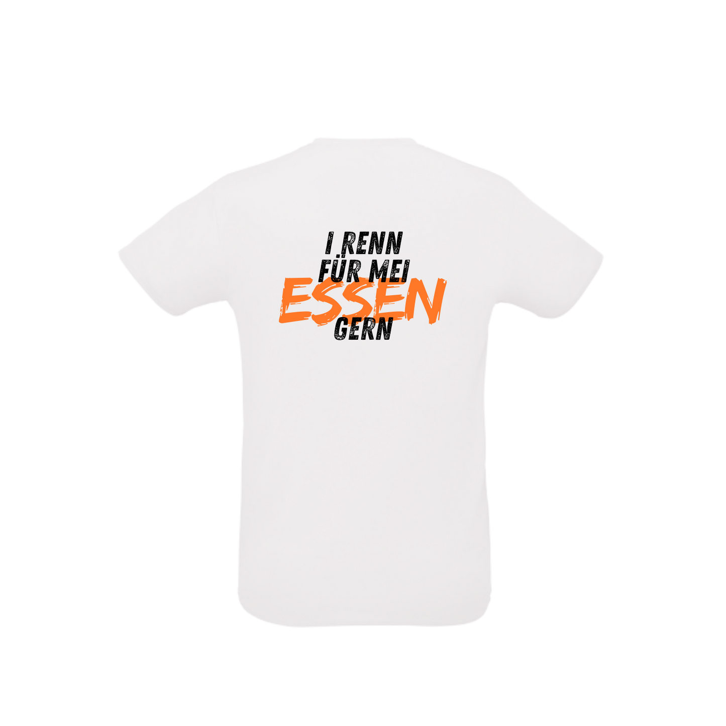 weißes Sportleiberl kurzärmelig mit schwarzer Schrift "I renn für mei ESSEN (in orange) gern" am Rücken