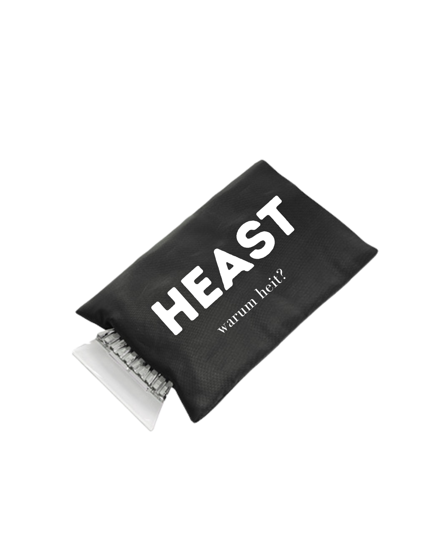 Eiskratzer mit schwarzem handschuh und weißer Schrift: HEAST! warum heit?