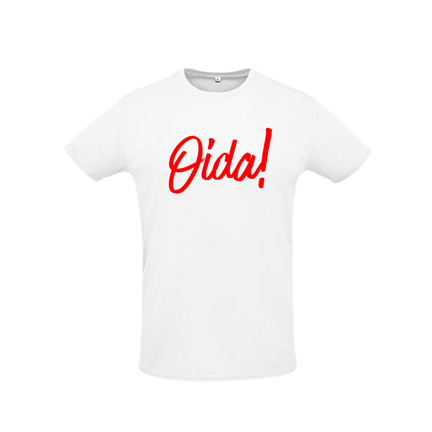 weißes Sportleiberl kurzärmelig mit roter Schreibschrift "Oida!" über der Brust