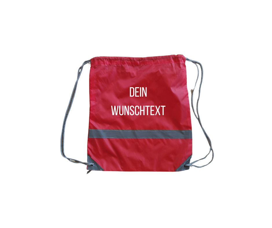 rotes Turnsackerl mit Reflektorstreifen und weißem Wunschtext