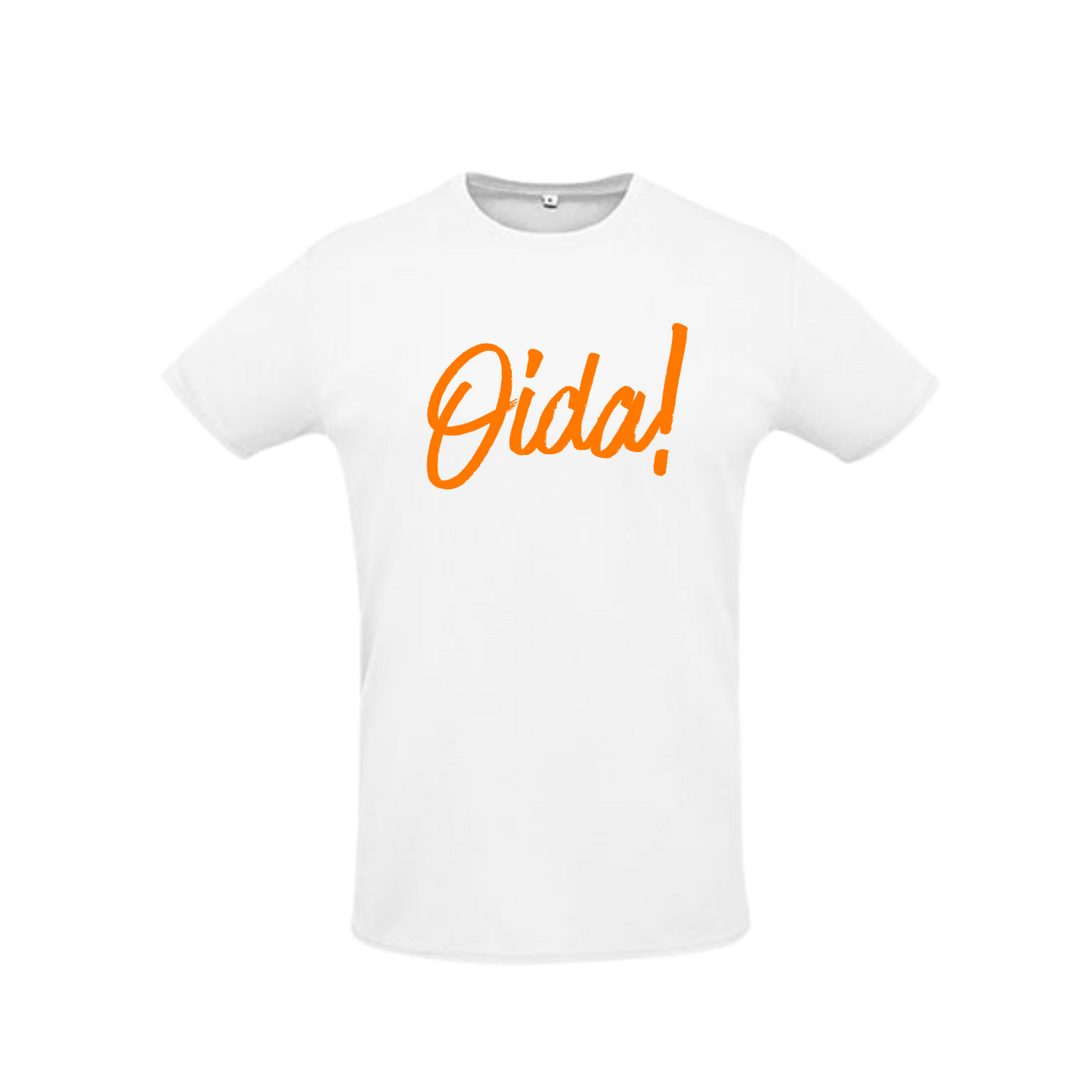 weißes Sportleiberl kurzärmelig mit oranger Schreibschrift "Oida!" über der Brust