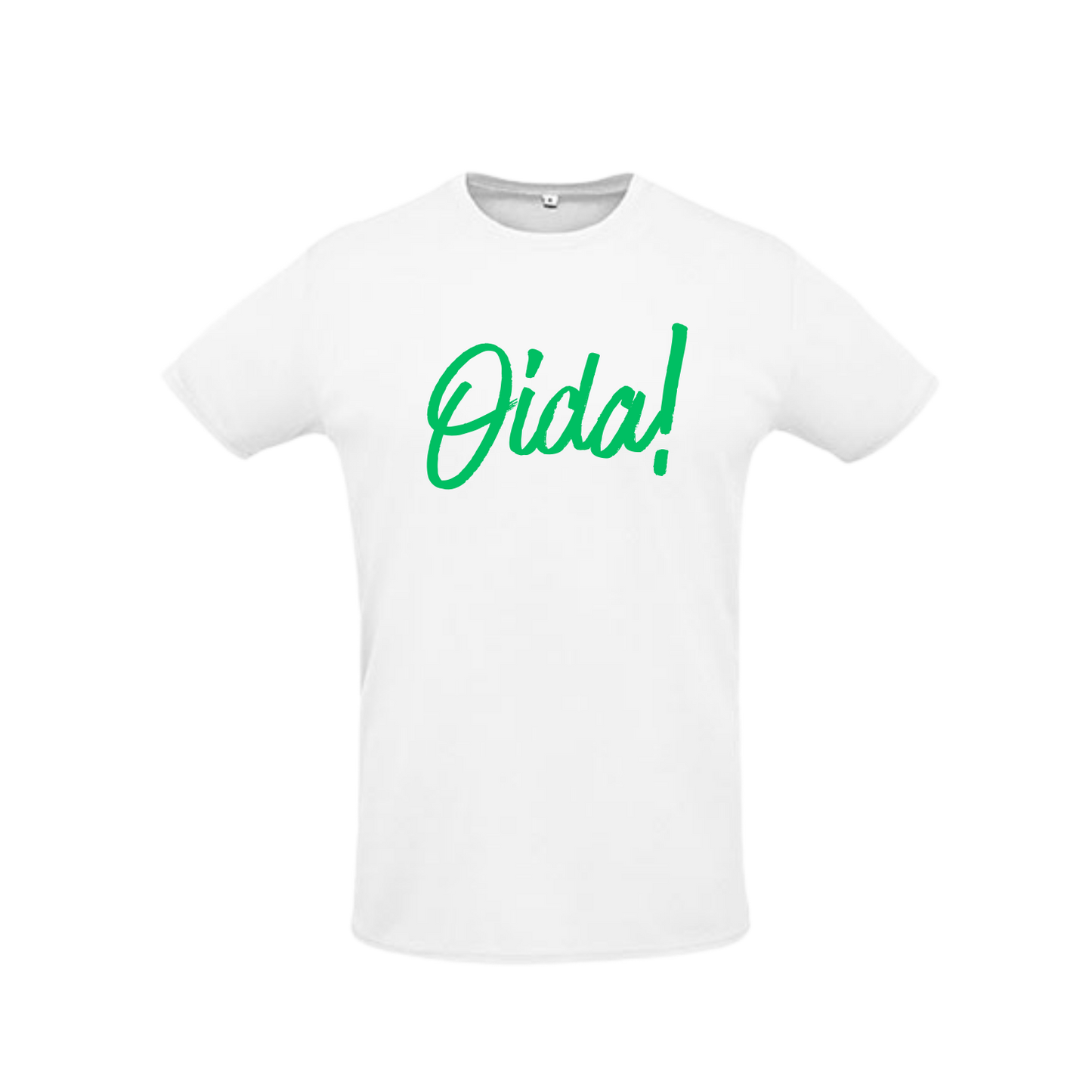 weißes Sportleiberl kurzärmelig mit grüner Schreibschrift "Oida!" über der Brust