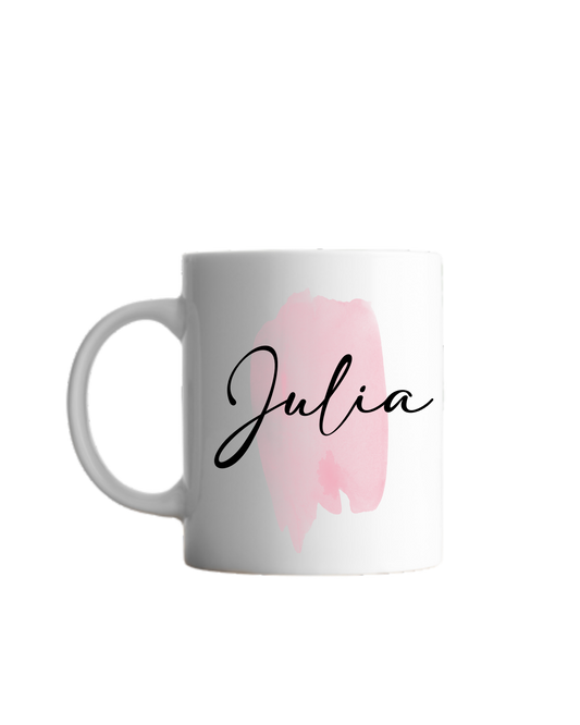 rosa Pinselstrich Aquarell und darüber schwarze geschwungene Schrift "Julia"