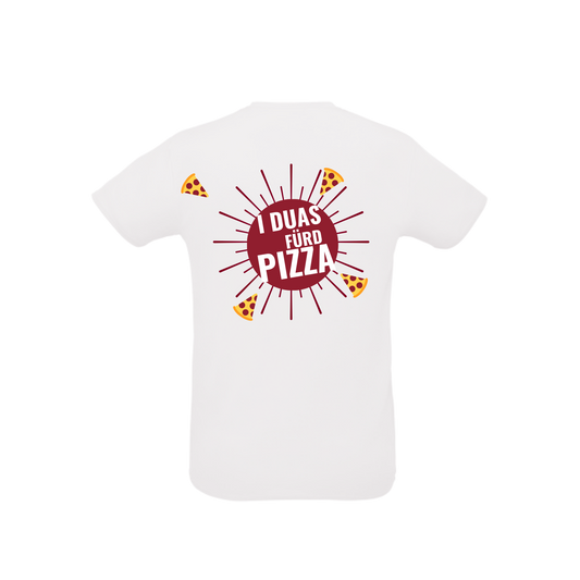 weißes Sportleiberl kurzärmelig mit dunkelrotem Pizza design "I duas fürd Pizza" am Rücken