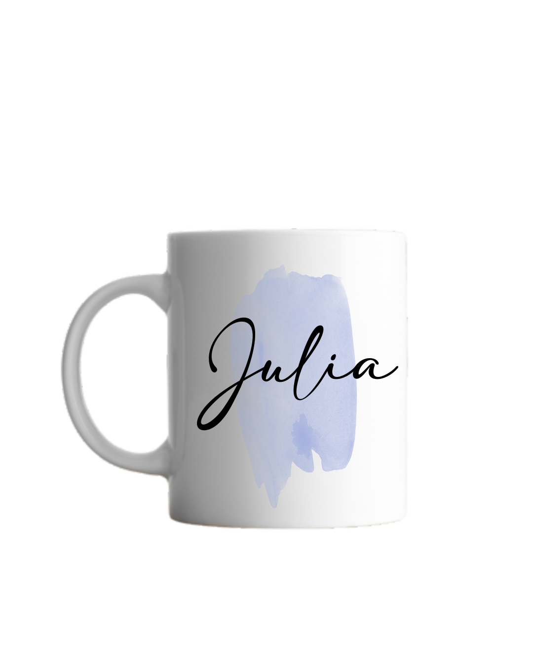 blauer Pinselstrich Aquarell und darüber schwarze geschwungene Schrift "Julia"