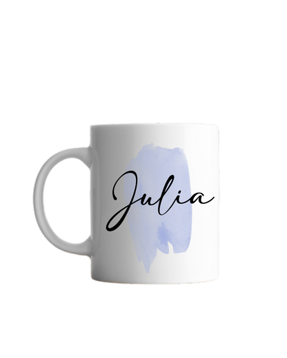 blauer Pinselstrich Aquarell und darüber schwarze geschwungene Schrift "Julia"