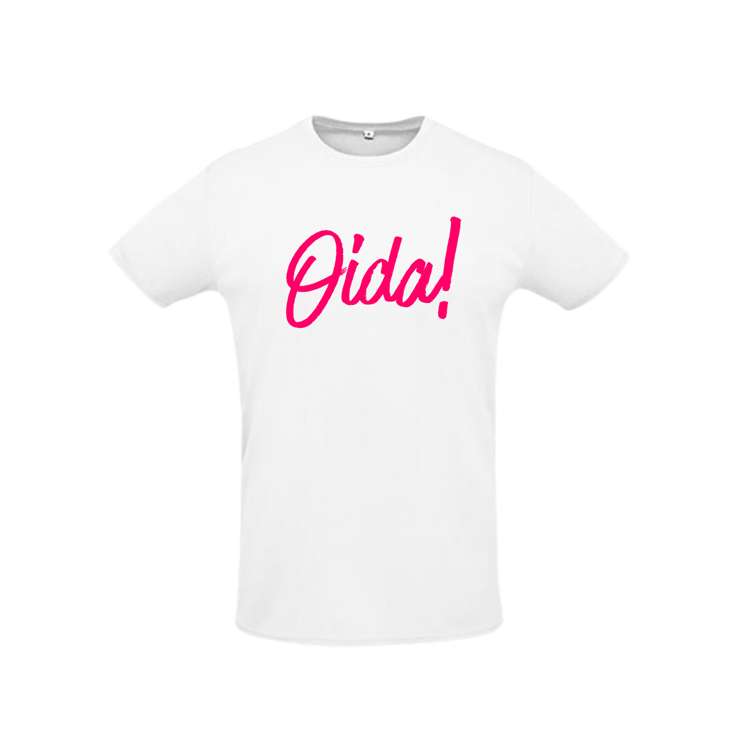 weißes Sportleiberl kurzärmelig mit pinker Schreibschrift "Oida!" über der Brust