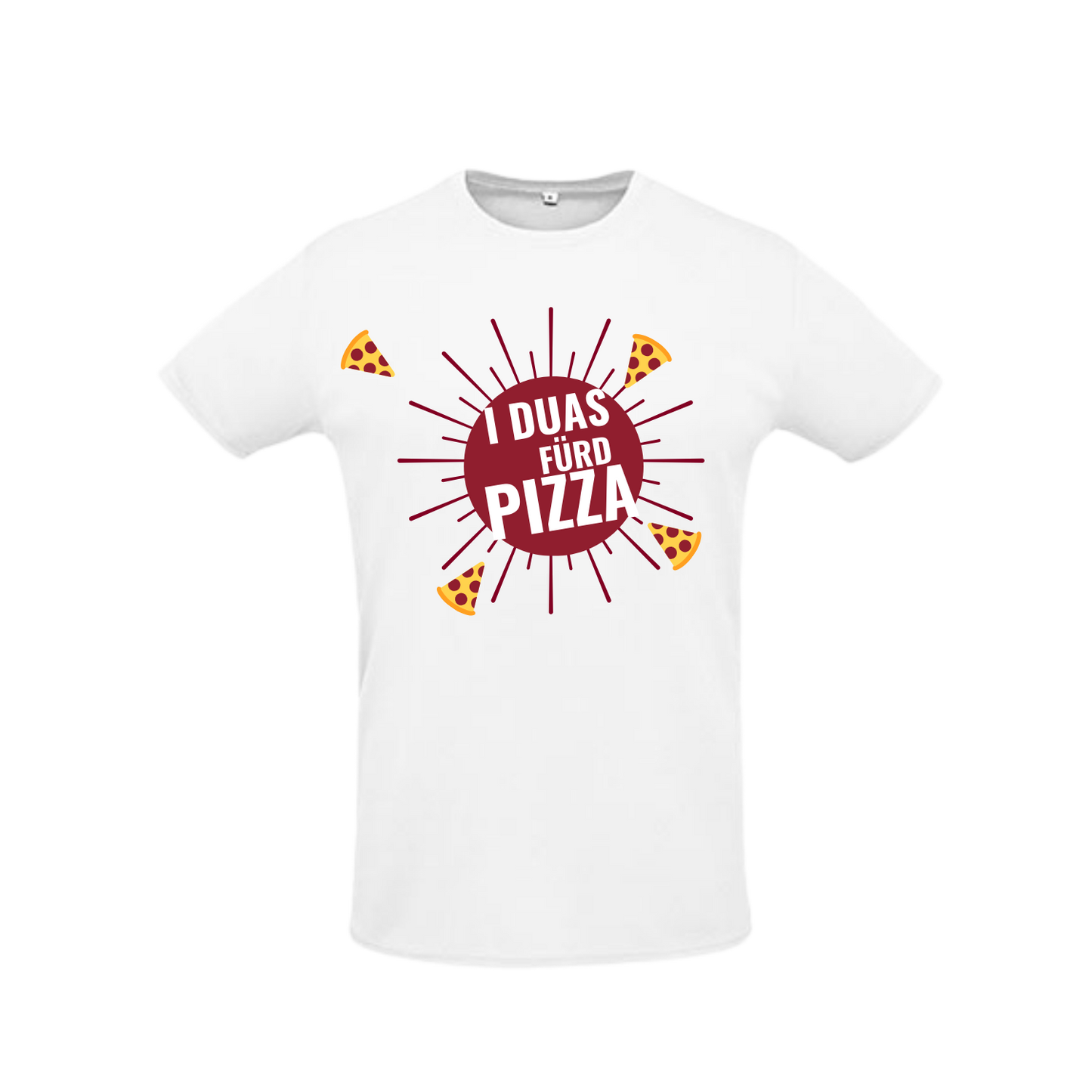 weißes Sportleiberl kurzärmelig mit dunkelrotem Pizza design "I duas fürd Pizza" auf der Brust