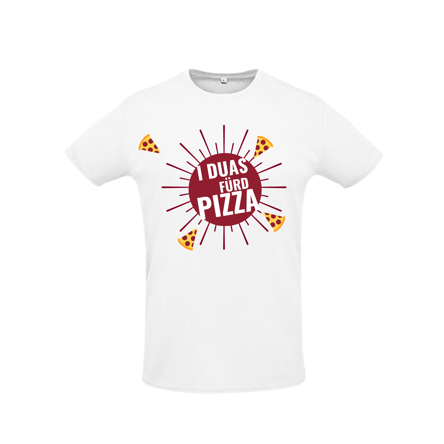 weißes Sportleiberl kurzärmelig mit dunkelrotem Pizza design "I duas fürd Pizza" auf der Brust