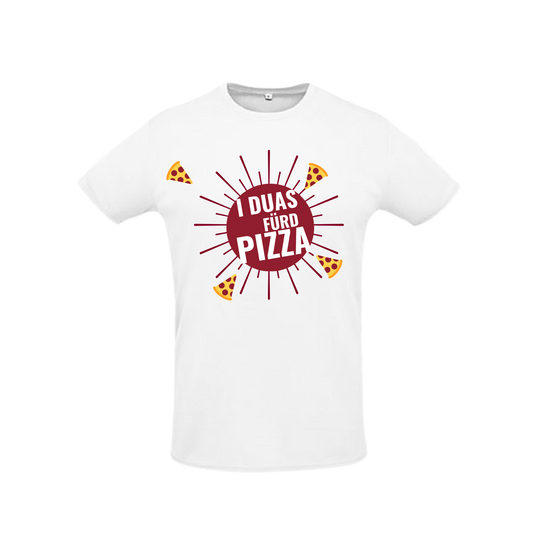 weißes Sportleiberl kurzärmelig mit dunkelrotem Pizza design "I duas fürd Pizza" auf der Brust