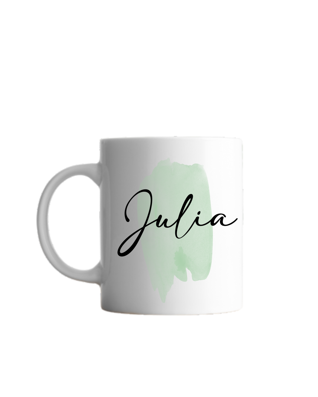 grüner Pinselstrich Aquarell und darüber schwarze geschwungene Schrift "Julia"