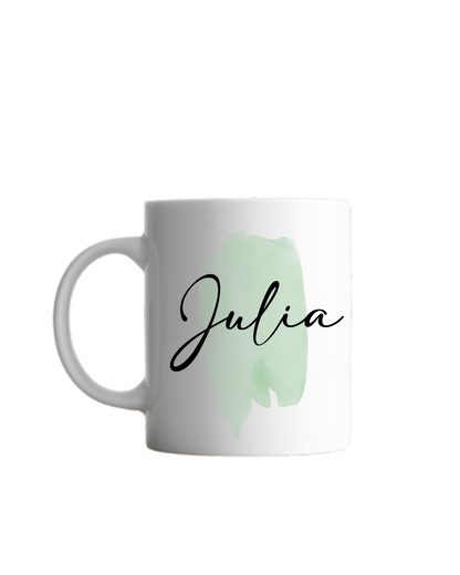 grüner Pinselstrich Aquarell und darüber schwarze geschwungene Schrift "Julia"