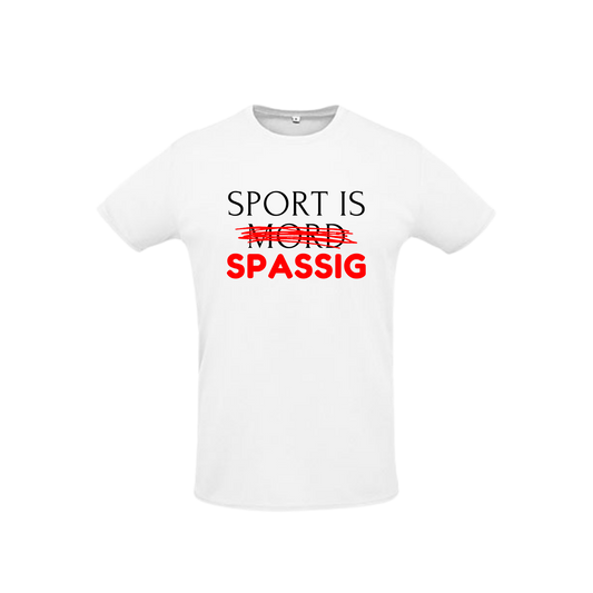 weißes Sportleiberl kurzärmelig mit schwarzer Schrift und rotem durchgestrichenem "Mord" "Sport is Mord - Spassig!" über der Brust