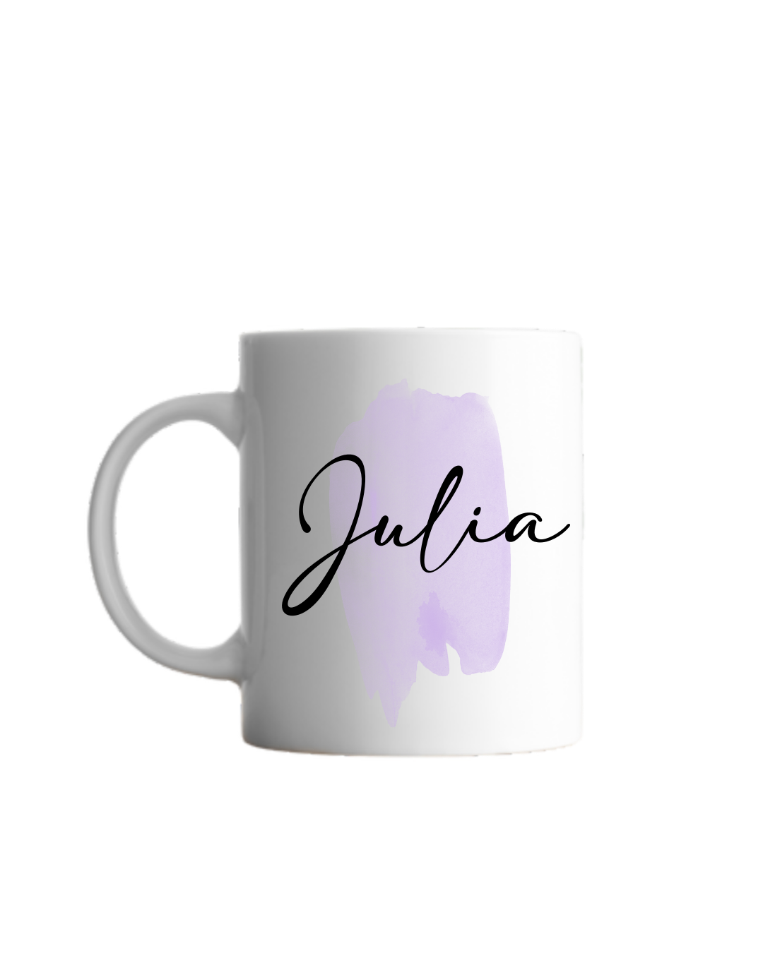 lila Pinselstrich Aquarell und darüber schwarze geschwungene Schrift "Julia"