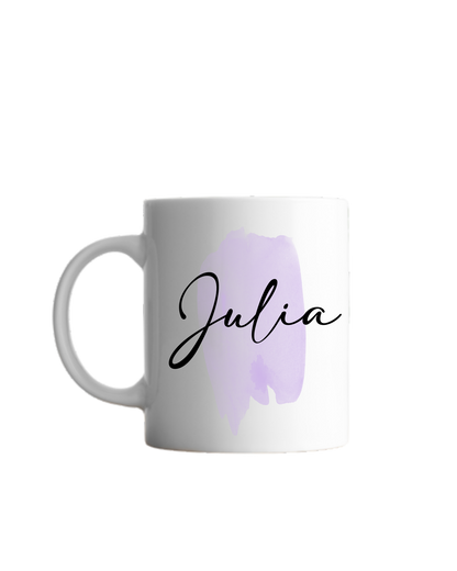 lila Pinselstrich Aquarell und darüber schwarze geschwungene Schrift "Julia"