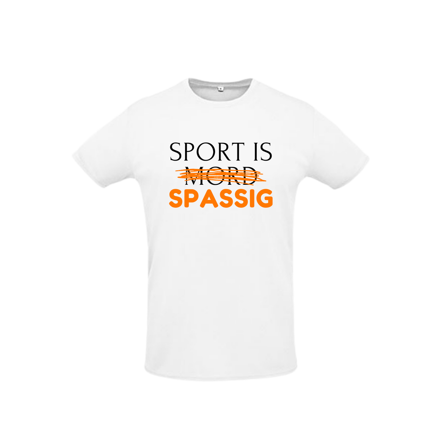 weißes Sportleiberl kurzärmelig mit schwarzer Schrift und orangem durchgestrichenem "Mord" "Sport is Mord - Spassig!" über der Brust
