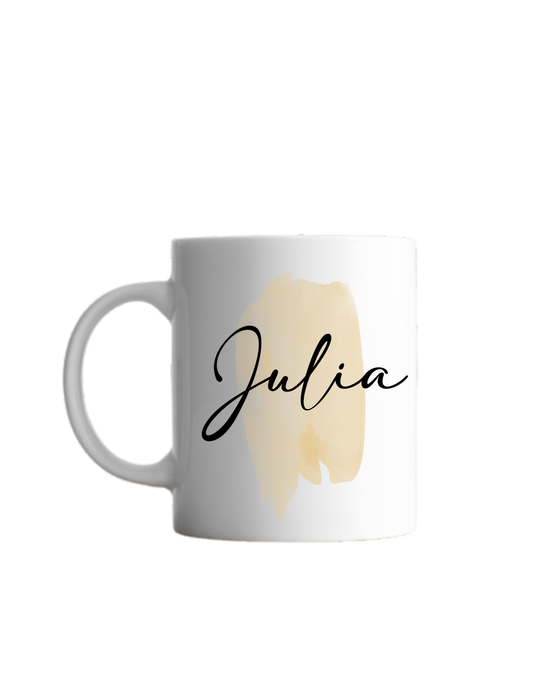 gelber Pinselstrich Aquarell und darüber schwarze geschwungene Schrift "Julia"