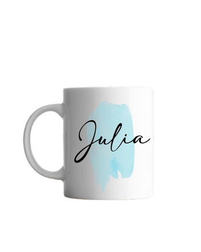 türkiser Pinselstrich Aquarell und darüber schwarze geschwungene Schrift "Julia"