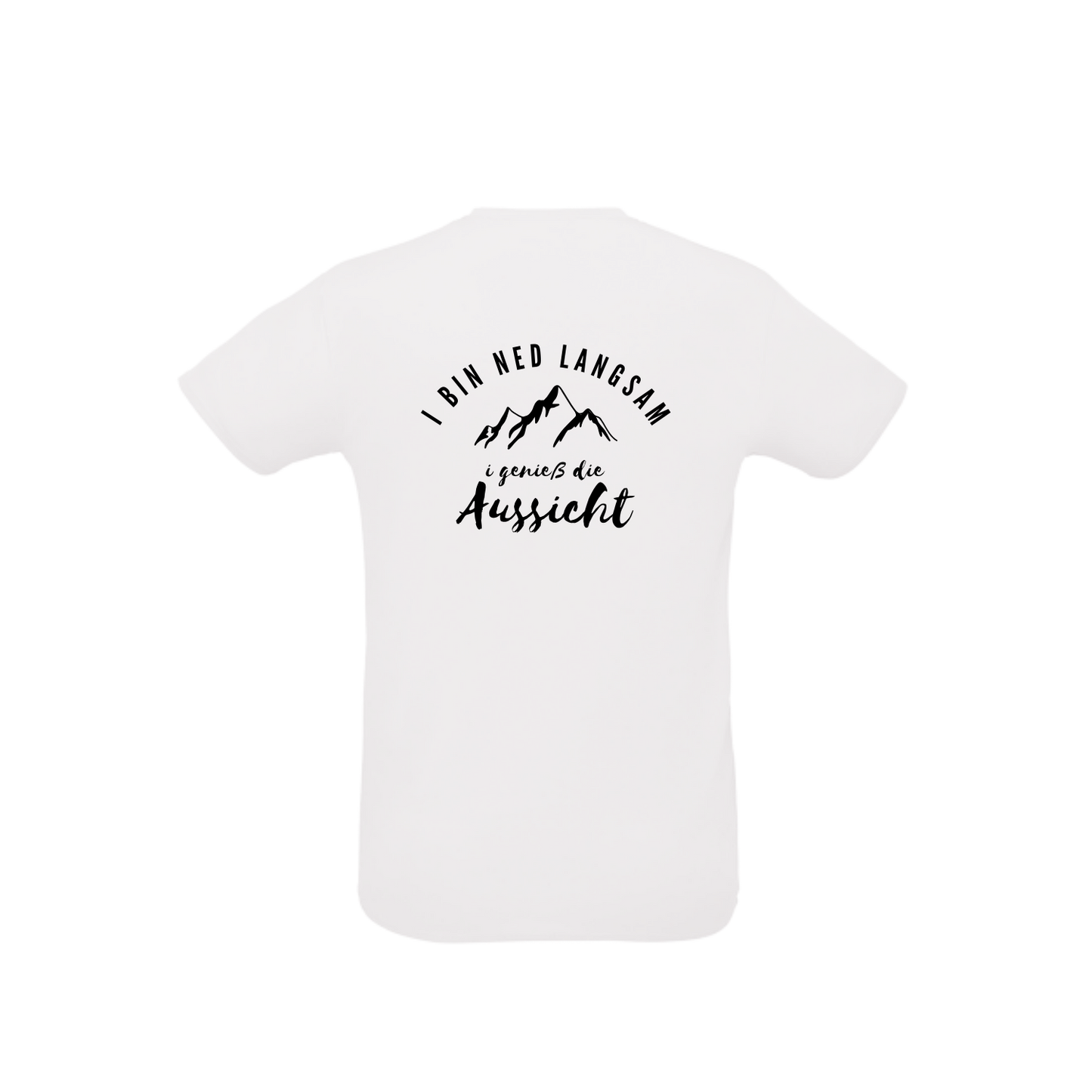weißes Sportleiberl kurzärmelig mit Bergen und Schrift "I bin ned langsam, i genieß die Aussicht" am Rücken