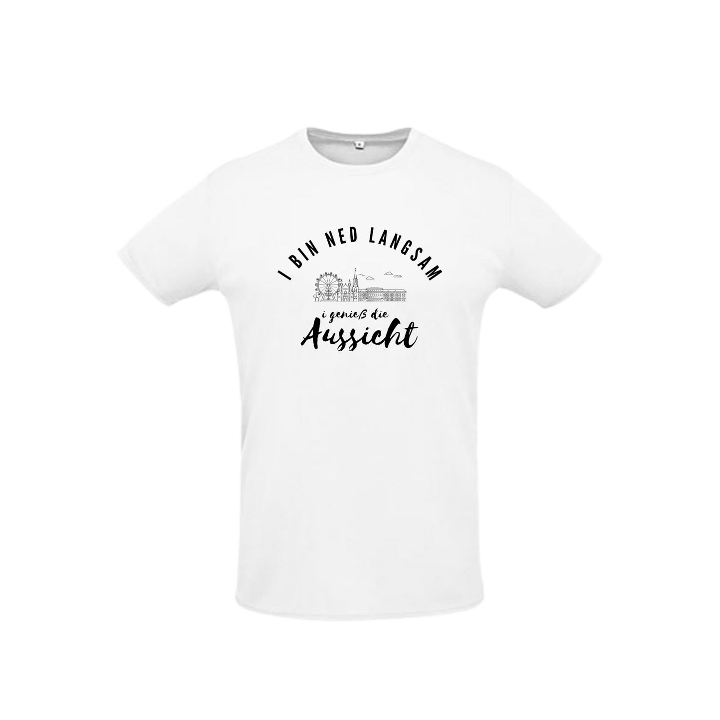 weißes Sportleiberl kurzärmelig mit Wiener Skyline und Schrift "I bin ned langsam, i genieß die Aussicht" auf der Brust