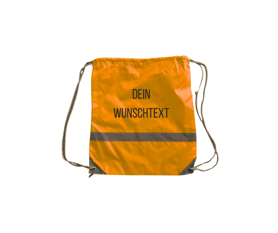 oranges Turnsackerl mit Reflektorstreifen und schwarzem Wunschtext