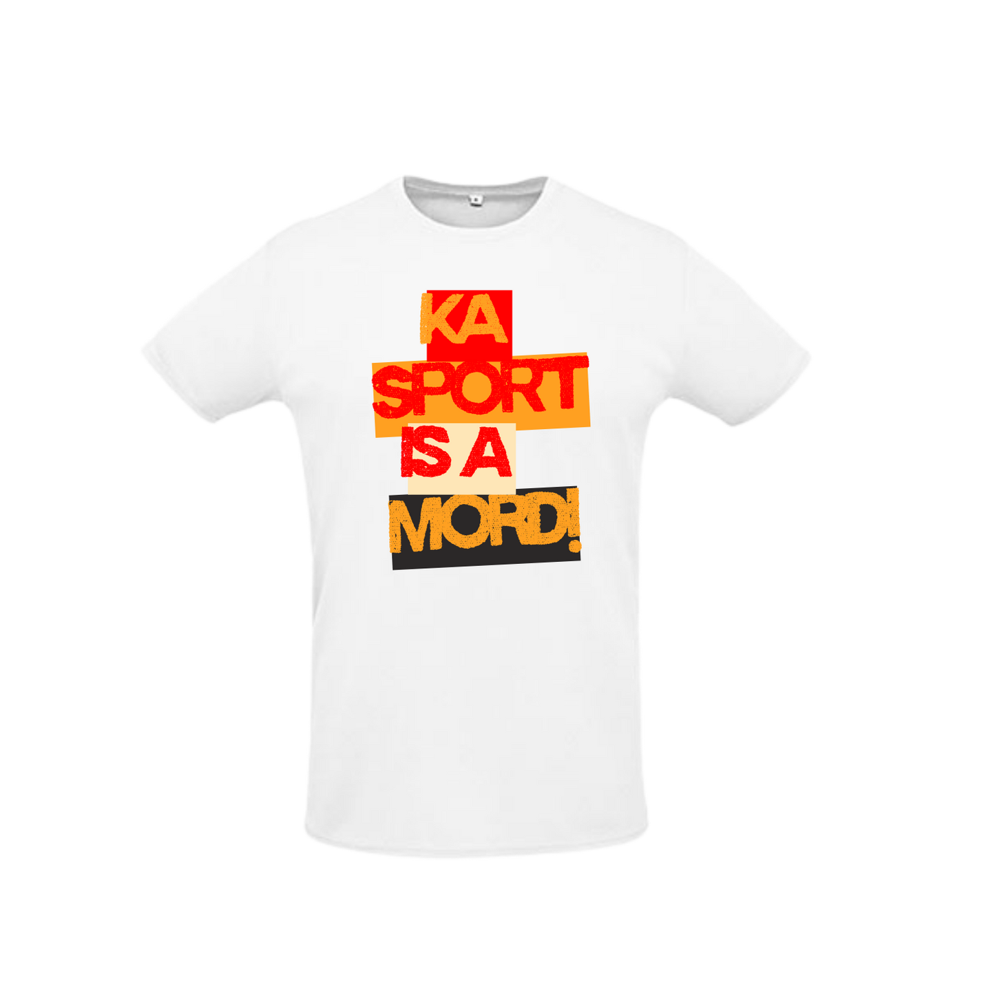 weißes Sportleiberl kurzärmelig mit orange rotem Design "Ka Sport is a Mord" auf der Brust