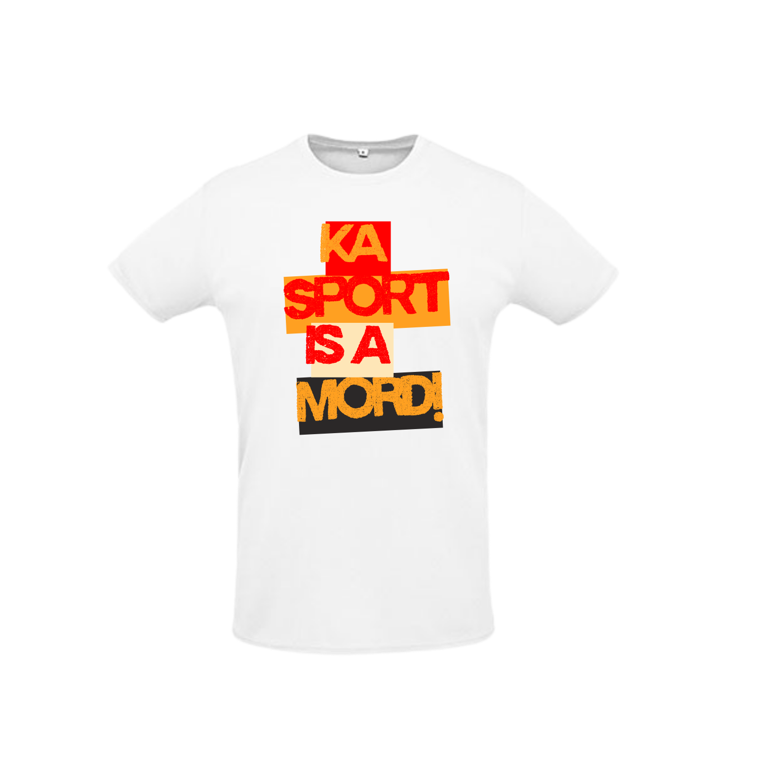 weißes Sportleiberl kurzärmelig mit orange rotem Design "Ka Sport is a Mord" auf der Brust