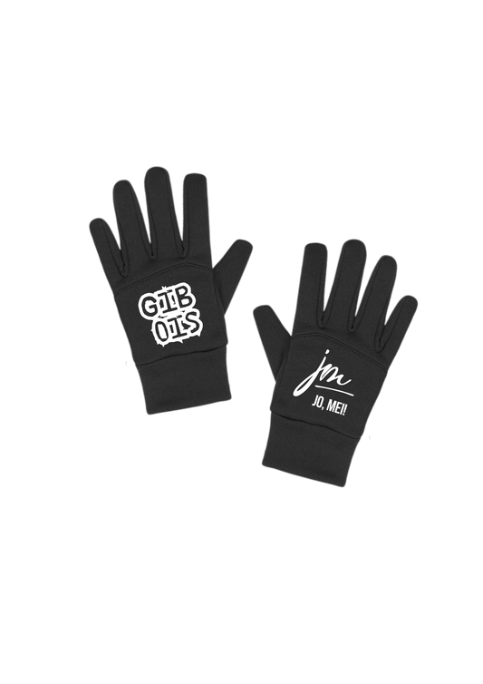 schwarze Shoftshell handschuhe mit weißem text auf linkem Handschuh "GIB OIS" und "jo, mei! Logo auf rechtem Handschuh