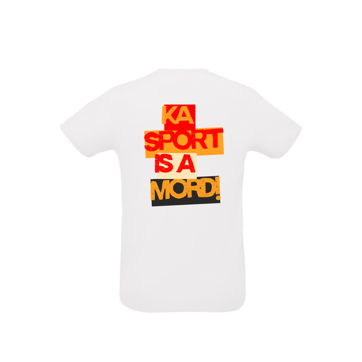 weißes Sportleiberl kurzärmelig mit orange rotem Design "Ka Sport is a Mord" am Rücken