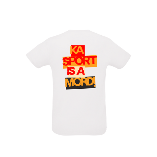 weißes Sportleiberl kurzärmelig mit orange rotem Design "Ka Sport is a Mord" am Rücken