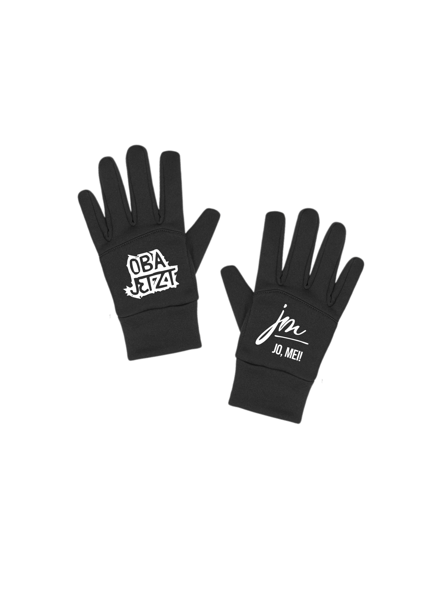 schwarze Shoftshell handschuhe mit weißem text auf linkem Handschuh "OBA JETZT" und "jo, mei! Logo auf rechtem Handschuh