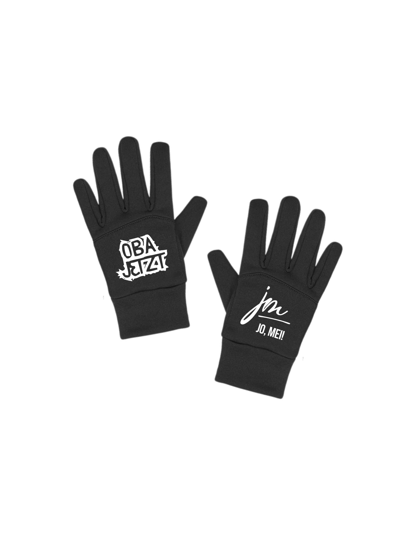 schwarze Shoftshell handschuhe mit weißem text auf linkem Handschuh "OBA JETZT" und "jo, mei! Logo auf rechtem Handschuh