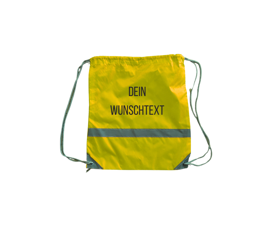gelbes Turnsackerl mit Reflektorstreifen und schwarzem Wunschtext