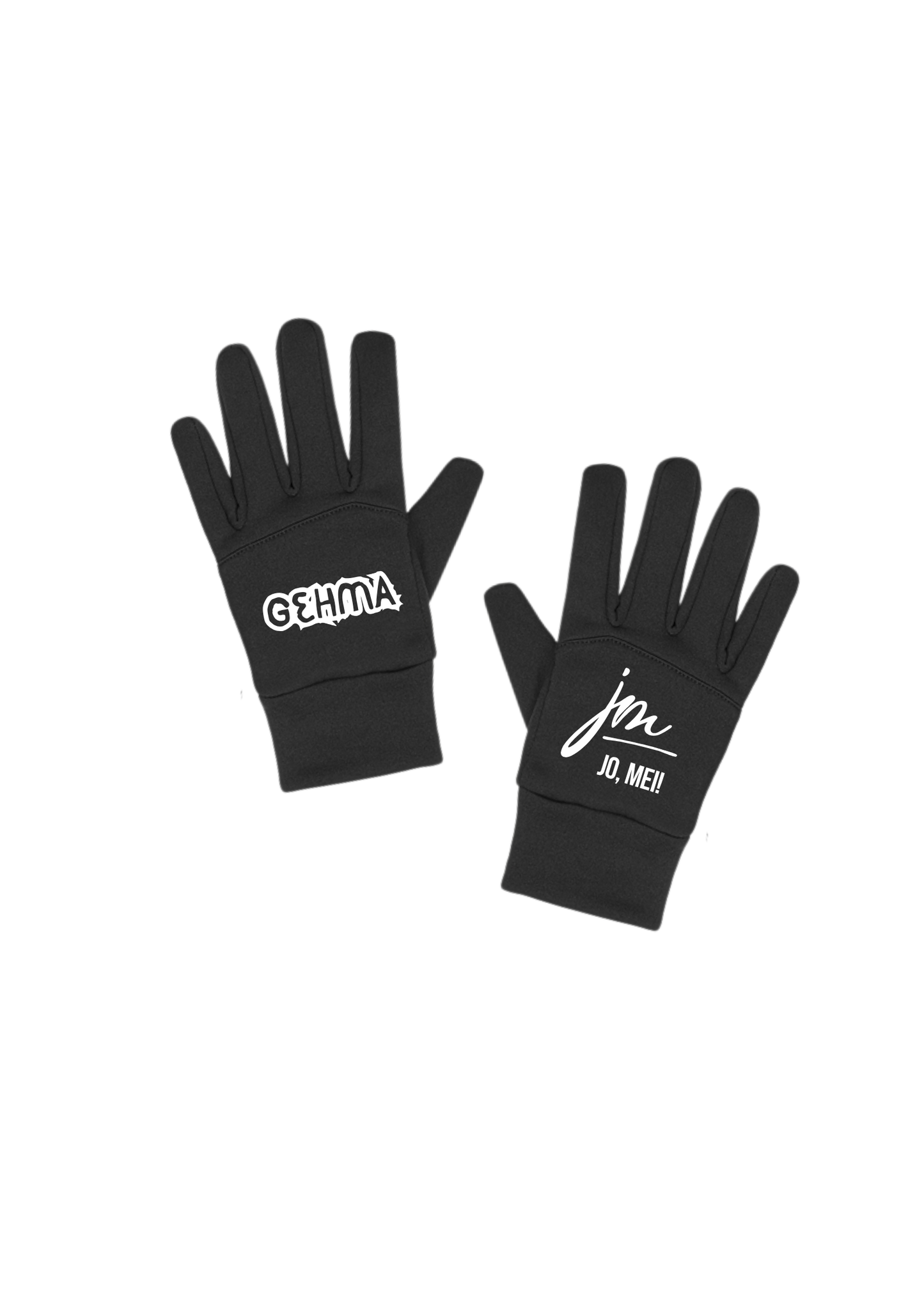schwarze Shoftshell handschuhe mit weißem text auf linkem Handschuh "GEHMA" und "jo, mei! Logo auf rechtem Handschuh