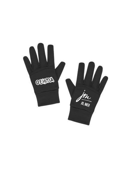 schwarze Shoftshell handschuhe mit weißem text auf linkem Handschuh "GEHMA" und "jo, mei! Logo auf rechtem Handschuh