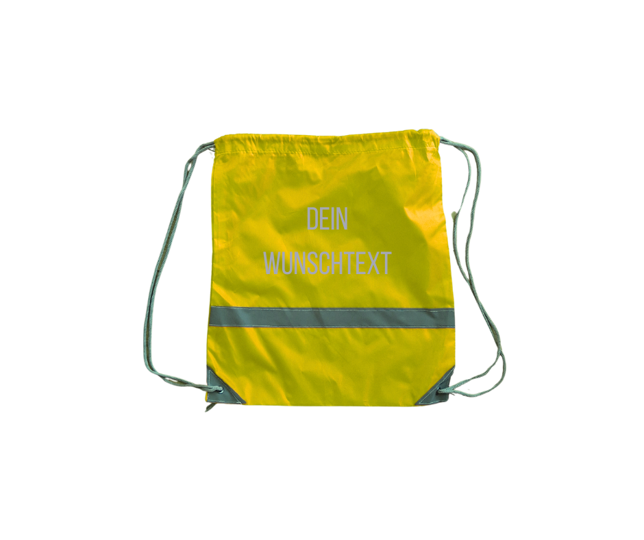 gelbes Turnsackerl mit Reflektorstreifen und reflektierendem Wunschtext