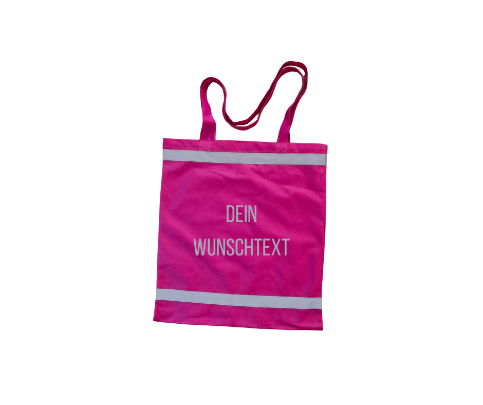 Stylische rosa Einkaufstasche mit reflektierenden Streifen sowie reflektierendem Wunschtext