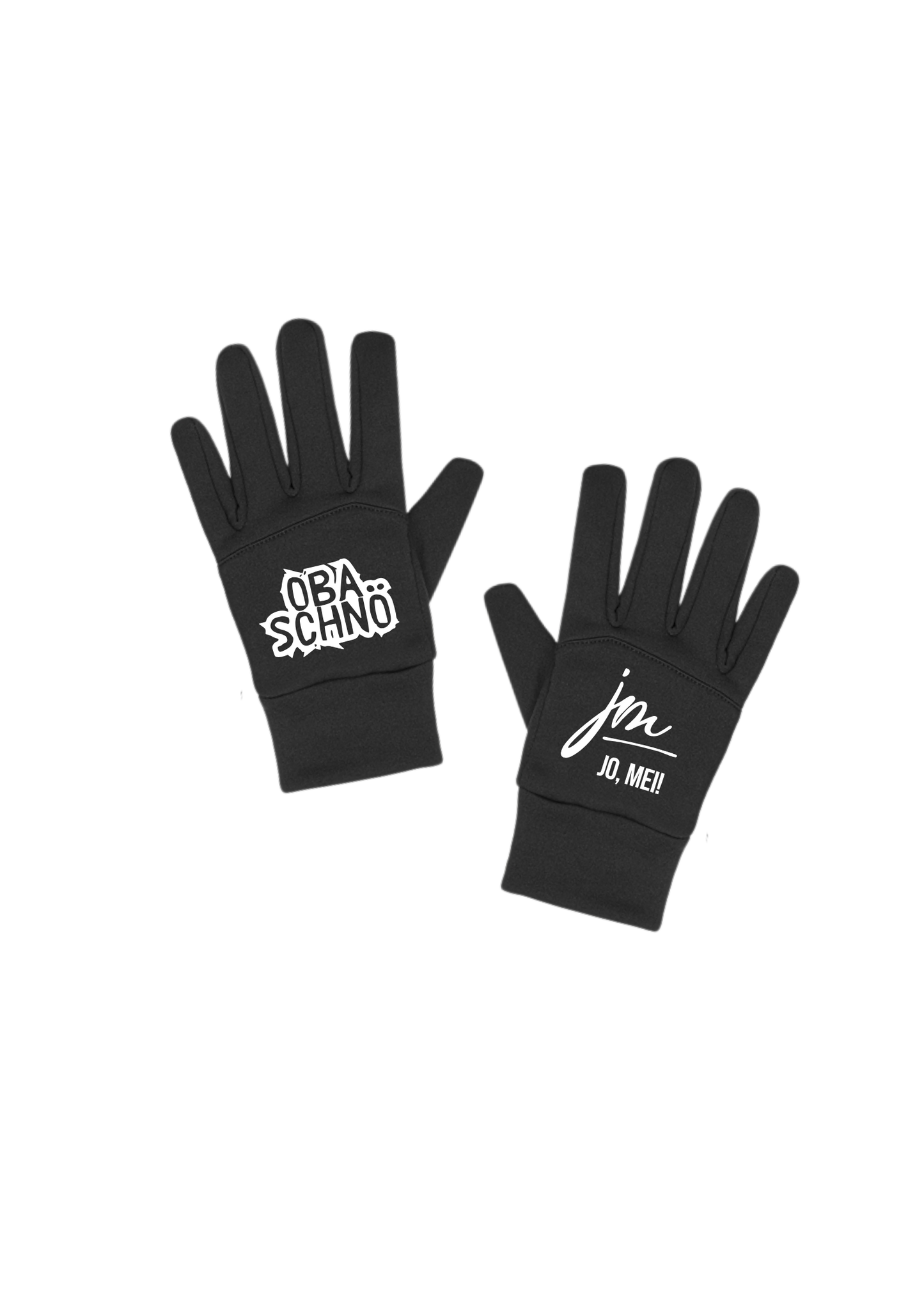 schwarze Shoftshell handschuhe mit weißem text auf linkem Handschuh "OBA SCHNÖ" und "jo, mei! Logo auf rechtem Handschuh