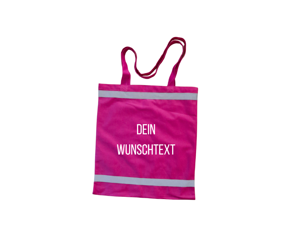 Stylische rosa Einkaufstasche mit reflektierenden Streifen und weißem Wunschtext