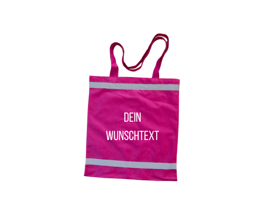 Stylische rosa Einkaufstasche mit reflektierenden Streifen und weißem Wunschtext