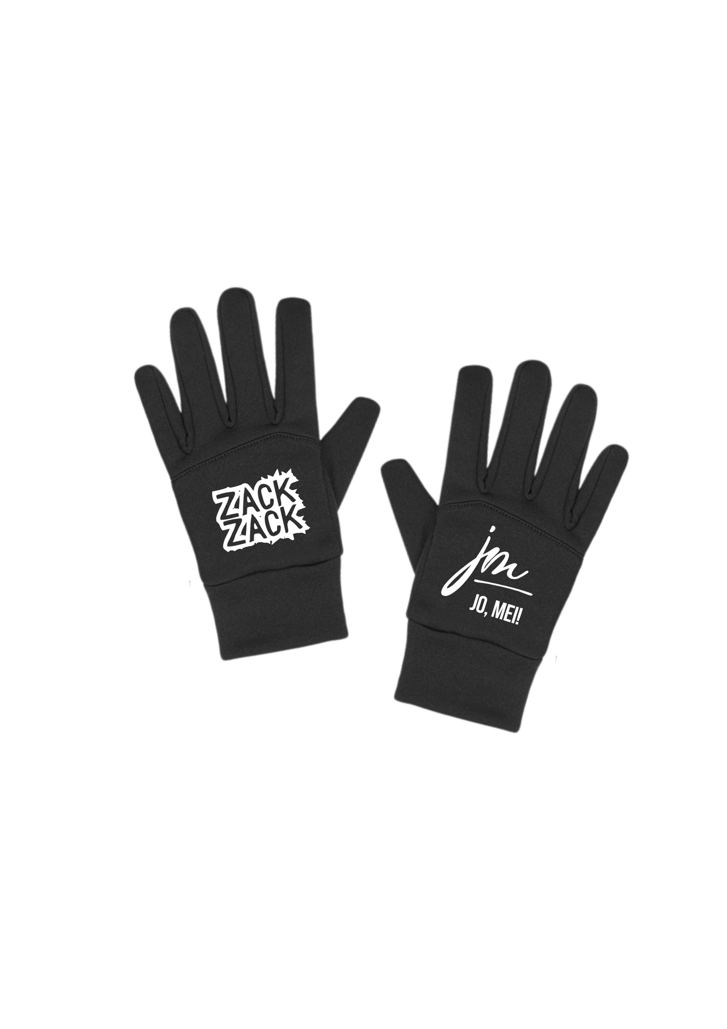 schwarze Shoftshell handschuhe mit weißem text auf linkem Handschuh "ZACKZACK" und "jo, mei! Logo auf rechtem Handschuh