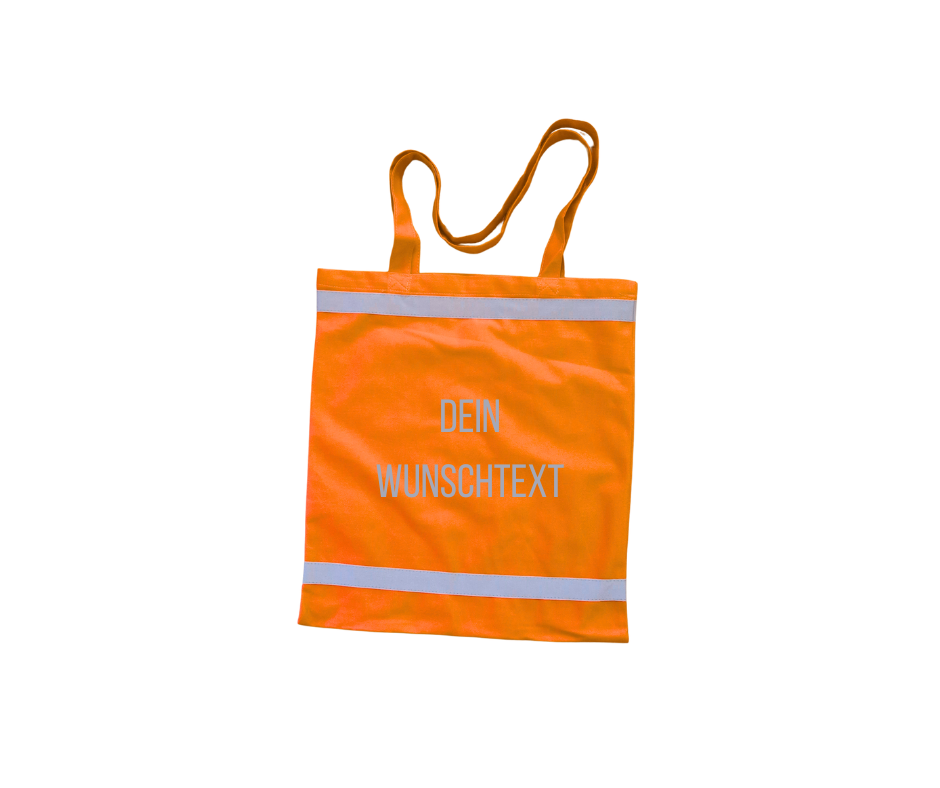 Stylische orange Einkaufstasche mit reflektierenden Streifen und reflektierendem Wunschtext
