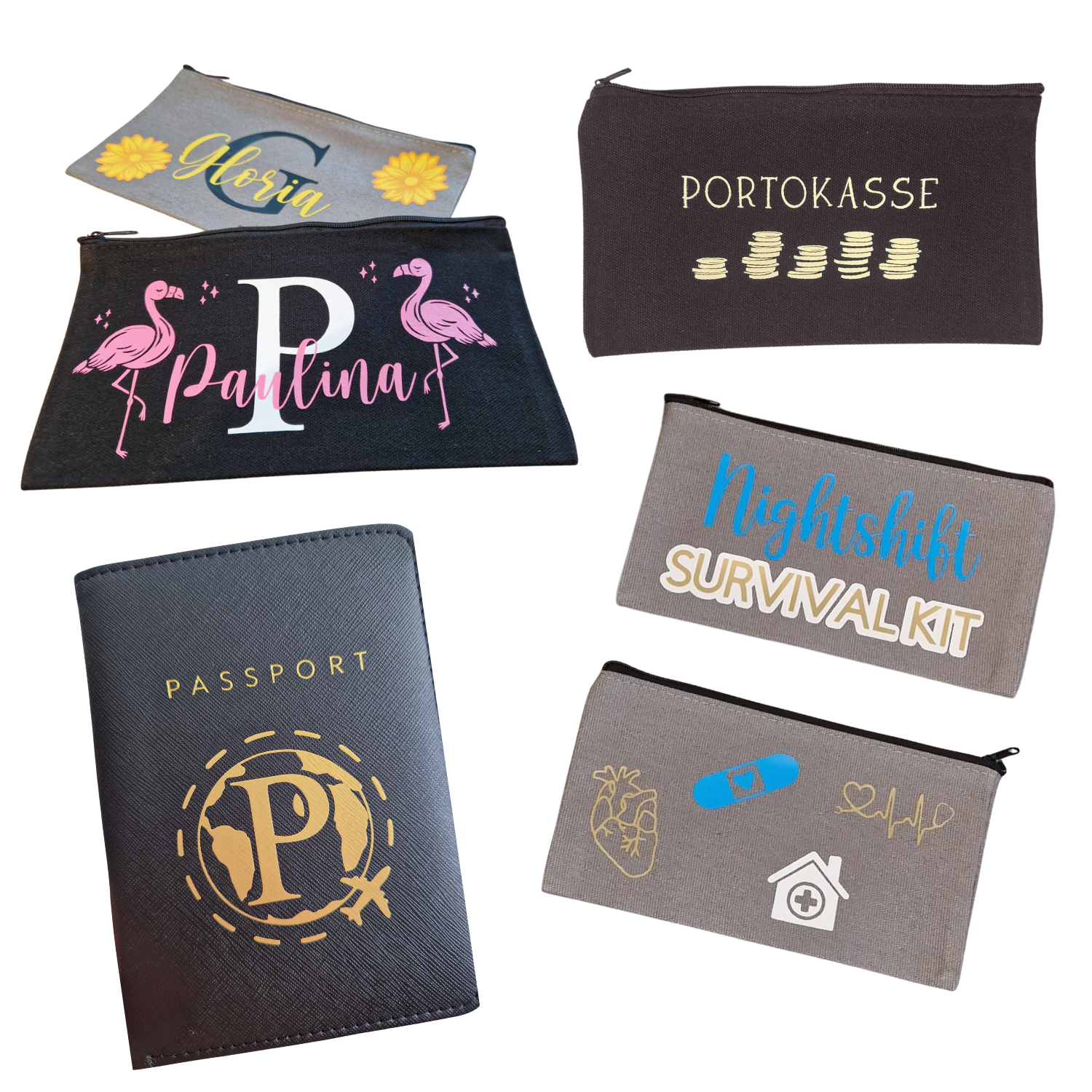 Personalisierte Täschchen mit Name über Nafangsbuchstabe und Flamingo, Sonnenblumen, Portokasse mit Münzen auf schwarzer Tasche, graue Tasche mit blau/weißer Schrift Night shift Survival Kit und Herz/Sthethoskop/Pflaster/Krankenhausmoiven auf der Rückseite