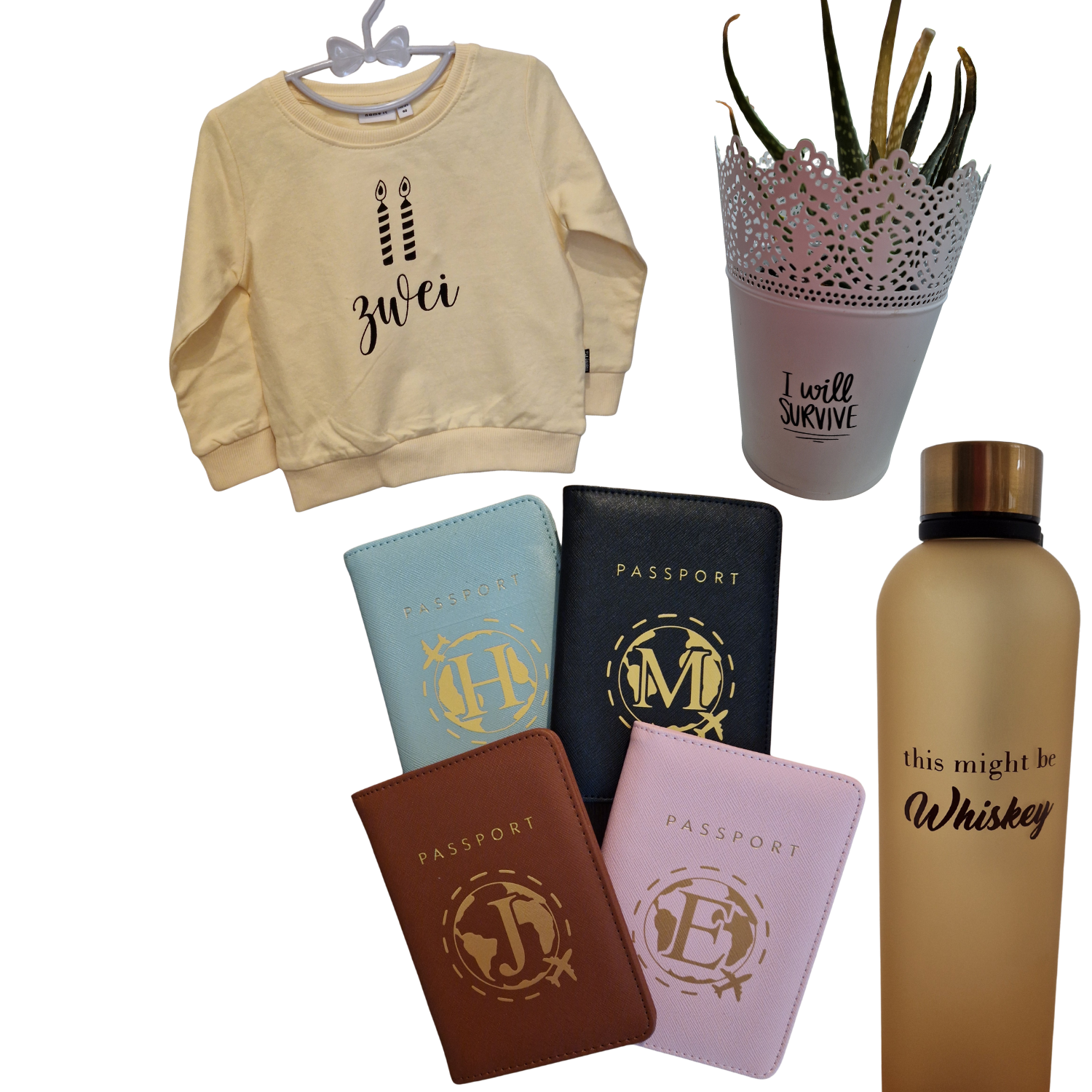Personalisiertes Tshirt mit 2 Kerzen und "zwei", Böumentopf "i will survive", Passhüllen mit Anfangsbuchstabe auf Erdkugel, gold, Trinkflasche "This might be whiskey"