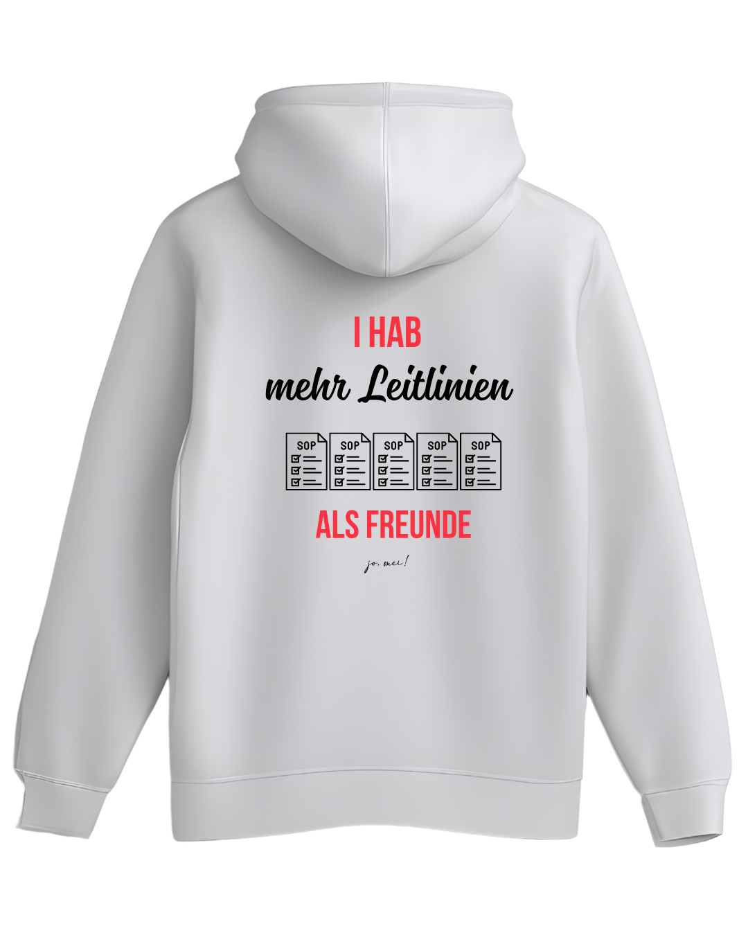 weißer Kapuzenpullover hinten mit rotem und schwarzem Textaufdruck "Ich hab mehr Leitlinien als Freunde" und fünf SOP-Dokumenten als Grafik - Medizinstudenten Humor