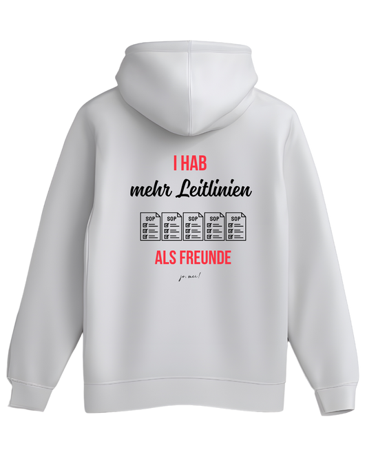 weißer Kapuzenpullover hinten mit rotem und schwarzem Textaufdruck "Ich hab mehr Leitlinien als Freunde" und fünf SOP-Dokumenten als Grafik - Medizinstudenten Humor